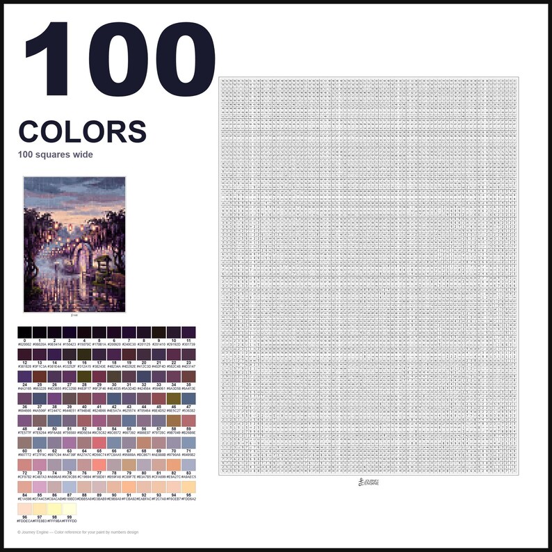 May include: A paint-by-numbers kit featuring a large grid with 100 numbered squares wide, a color reference chart with 100 distinct color swatches, and a small preview image of a landscape with a stone archway, lanterns, and a calm body of water.