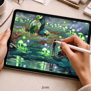 May include: A tablet displaying a pixel art illustration of a forest scene with glowing green mushrooms and foliage. The screen shows a grid-based digital artwork with vibrant green, blue, and brown tones. A white stylus is held against the screen.