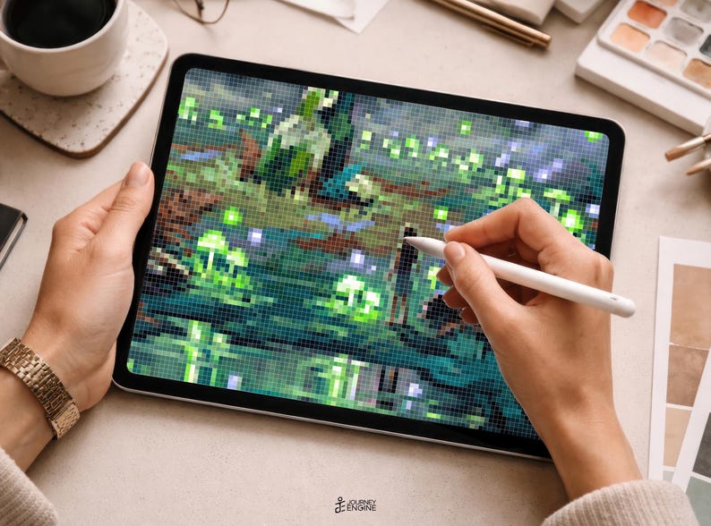 May include: A tablet displaying a pixel art illustration of a forest scene with glowing green mushrooms and foliage. The screen shows a grid-based digital artwork with vibrant green, blue, and brown tones. A white stylus is held against the screen.