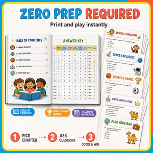 May include: A printable trivia game set featuring a table of contents, an answer key, and question cards for categories like Animal Kingdom, Space Explorers, Sports & Games, Once Upon a Time, and Pack Your Bag, with text reading ZERO PREP REQUIRED.