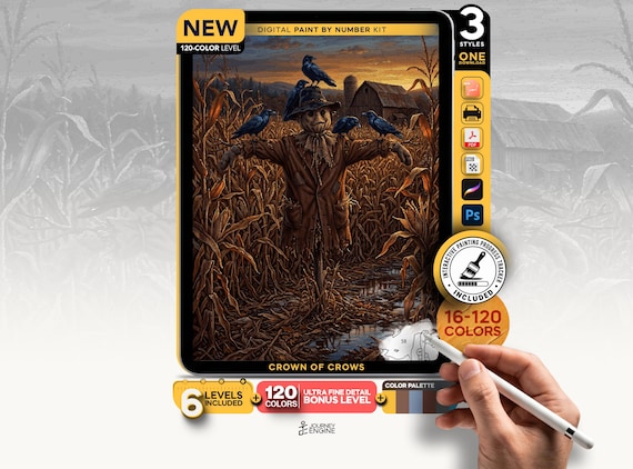 Scarecrow paint by numbers digital kit, Halloween Crow Cornfield Art