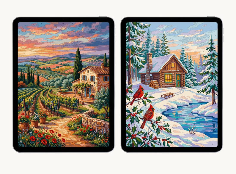 Pu&ograve; includere: Due tablet che mostrano arte digitale. Lo schermo sinistro mostra un paesaggio di vigneti con una casa in pietra, colline e papaveri rossi. Lo schermo destro raffigura una scena invernale con una baita, pini innevati, un ruscello e due uccelli rossi.