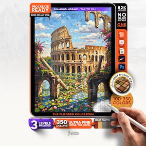 May include: A digital art file for Procreate featuring a diamond mosaic illustration of the flooded Colosseum. The image displays a color-by-number interface with 92K squares, 350 colors, and 3 levels included, labeled The Flooded Colosseum.