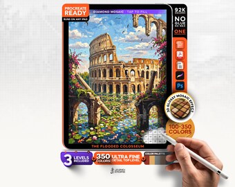 Digital Diamond Painting, Mystery Mosaic iPad, The Flooded Colosseum, Surreal Rome Procreate Art, 3 Levels, 92K Squares, Instant Download