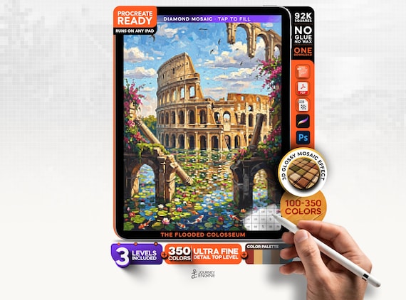 The Flooded Colosseum digital diamond painting mystery mosaic for iPad, Surreal Rome Mosaic
