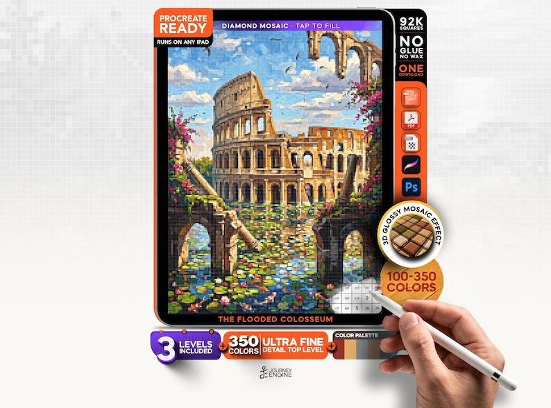May include: A digital art file for Procreate featuring a diamond mosaic illustration of the flooded Colosseum. The image displays a color-by-number interface with 92K squares, 350 colors, and 3 levels included, labeled The Flooded Colosseum.