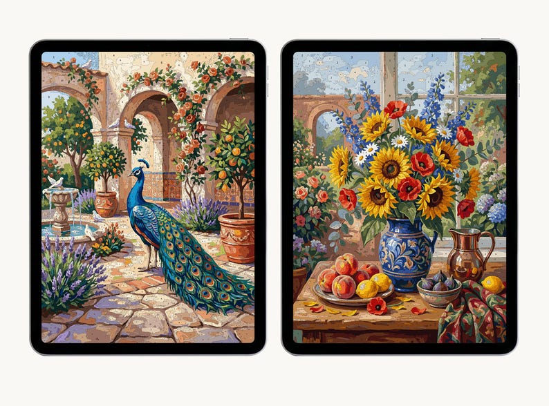 Pu&ograve; includere: Due tablet digitali che mostrano colorati dipinti con i numeri. Lo schermo a sinistra mostra un pavone in un cortile in pietra con una fontana e alberi di arance. Lo schermo a destra raffigura una natura morta di girasoli, papaveri e frutta.