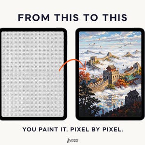 May include: Two tablets display a digital paint-by-number process. The left screen shows a grid of letters, while the right screen displays a finished painting of the Great Wall of China. Text reads FROM THIS TO THIS and YOU PAINT IT. PIXEL BY PIXEL.