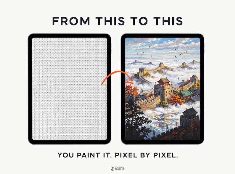 May include: Two tablets display a digital paint-by-number process. The left screen shows a grid of letters, while the right screen displays a finished painting of the Great Wall of China. Text reads FROM THIS TO THIS and YOU PAINT IT. PIXEL BY PIXEL.