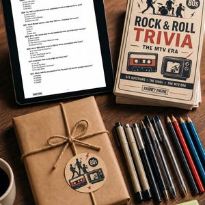 以下が含まれることがあります： クイズが表示されたタブレット、Rock & Roll Trivia The MTV Eraカードの束、お揃いの丸いタグが付いた茶色の紙で包まれたギフト、数本のペン、色鉛筆、2本の蛍光ペンが木製の表面に置かれています。