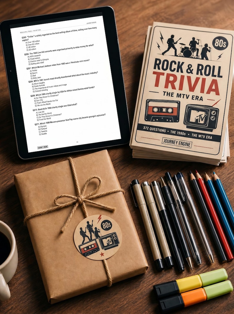 以下が含まれることがあります： クイズが表示されたタブレット、Rock & Roll Trivia The MTV Eraカードの束、お揃いの丸いタグが付いた茶色の紙で包まれたギフト、数本のペン、色鉛筆、2本の蛍光ペンが木製の表面に置かれています。