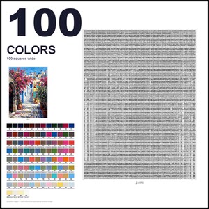 May include: A paint-by-numbers kit featuring the text 100 COLORS and 100 squares wide. It includes a small color reference image of a Mediterranean street scene, a grid of 100 numbered color swatches with hex codes, and a large grid of numbers.