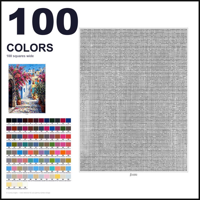 May include: A paint-by-numbers kit featuring the text 100 COLORS and 100 squares wide. It includes a small color reference image of a Mediterranean street scene, a grid of 100 numbered color swatches with hex codes, and a large grid of numbers.