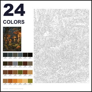 May include: A paint-by-numbers kit featuring a forest scene with mushrooms and small dwellings. The layout includes a large numbered outline, a small color reference image, and a palette of 24 distinct color swatches with RGB values.