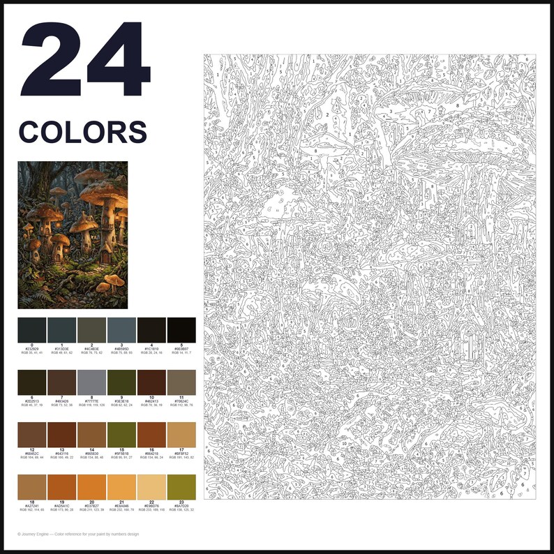 May include: A paint-by-numbers kit featuring a forest scene with mushrooms and small dwellings. The layout includes a large numbered outline, a small color reference image, and a palette of 24 distinct color swatches with RGB values.