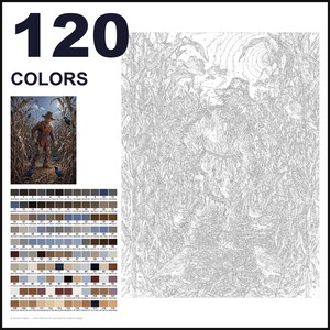 May include: A paint-by-numbers kit featuring a scarecrow in a cornfield with crows. The image includes a large numbered outline template, a small full-color reference picture, and a grid of 120 color swatches labeled 0 through 119.