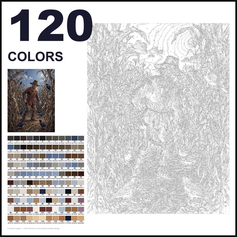 May include: A paint-by-numbers kit featuring a scarecrow in a cornfield with crows. The image includes a large numbered outline template, a small full-color reference picture, and a grid of 120 color swatches labeled 0 through 119.