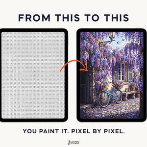 May include: Two tablets displaying a digital paint-by-number process. The left screen shows a grid of letters and numbers, while the right screen shows a finished illustration of a blue bicycle parked by a stone building covered in purple wisteria.