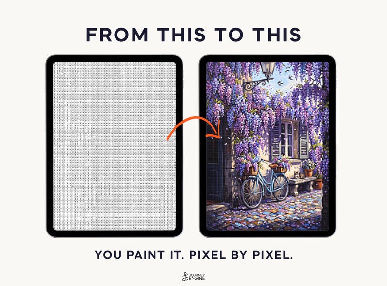 May include: Two tablets displaying a digital paint-by-number process. The left screen shows a grid of letters and numbers, while the right screen shows a finished illustration of a blue bicycle parked by a stone building covered in purple wisteria.
