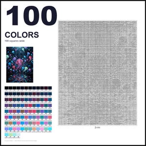 May include: A paint-by-numbers kit featuring a jellyfish scene, a large grid of numbered squares, and a color reference chart with 100 distinct color swatches labeled 0 through 99. The text 100 COLORS and 100 squares wide is clearly visible.