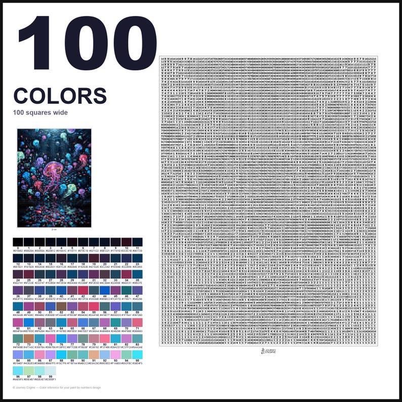 May include: A paint-by-numbers kit featuring a jellyfish scene, a large grid of numbered squares, and a color reference chart with 100 distinct color swatches labeled 0 through 99. The text 100 COLORS and 100 squares wide is clearly visible.