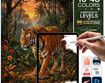 Tiger Paint by Numbers Digital | 5 Levels 16-96 Colors | Svg Pdf Png Procreate | Bengal Tiger Jungle Sunset Printable Wall Art