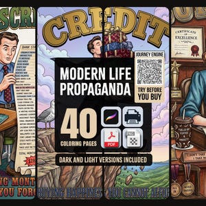 May include: A digital collection of 40 coloring pages titled Modern Life Propaganda, featuring retro-style illustrations of office and lifestyle scenes, including a man at a desk, a person on a cliff, and a woman with a planner, with file icons.