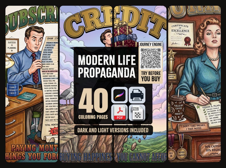 May include: A digital collection of 40 coloring pages titled Modern Life Propaganda, featuring retro-style illustrations of office and lifestyle scenes, including a man at a desk, a person on a cliff, and a woman with a planner, with file icons.