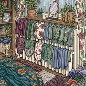 Op de afbeelding: Een illustratie van een witte radiator in een kamer met wasgoed dat te drogen hangt. Diverse kledingstukken in tinten groen, blauw en paars hangen over de metalen ribben. Een raam met bloemgordijnen en kamerplanten is zichtbaar.