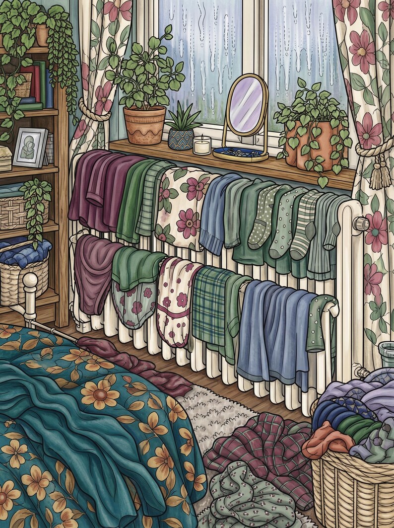 Op de afbeelding: Een illustratie van een witte radiator in een kamer met wasgoed dat te drogen hangt. Diverse kledingstukken in tinten groen, blauw en paars hangen over de metalen ribben. Een raam met bloemgordijnen en kamerplanten is zichtbaar.