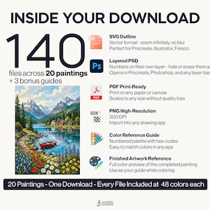 Pu&ograve; includere: Un pacchetto di download digitale contenente 140 file per 20 dipinti e 3 guide bonus. Include SVG, PSD a livelli, PDF, PNG, guide di riferimento colore e anteprime delle opere finite. Mostra un dipinto paesaggistico di un lago e montagne.