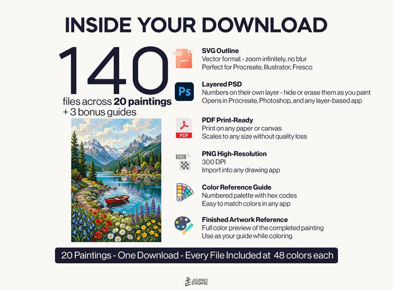 Pu&ograve; includere: Un pacchetto di download digitale contenente 140 file per 20 dipinti e 3 guide bonus. Include SVG, PSD a livelli, PDF, PNG, guide di riferimento colore e anteprime delle opere finite. Mostra un dipinto paesaggistico di un lago e montagne.