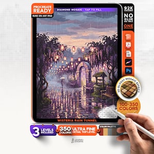 May include: A digital art file titled Wisteria Rain Tunnel for Procreate, featuring a rainy scene with purple wisteria, hanging lanterns, a stone archway, and a well. The interface includes text labels like Procreate Ready, 92K Squares, and 350 Ultra Fine Colors, with a color palette bar at the bottom.