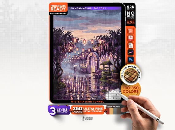 Wisteria Tunnel digital diamond painting mystery mosaic for iPad, Botanical Mosaic