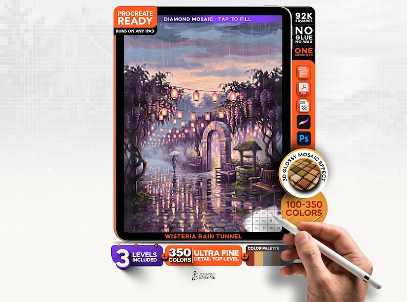 May include: A digital art file titled Wisteria Rain Tunnel for Procreate, featuring a rainy scene with purple wisteria, hanging lanterns, a stone archway, and a well. The interface includes text labels like Procreate Ready, 92K Squares, and 350 Ultra Fine Colors, with a color palette bar at the bottom.