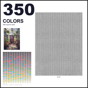 May include: A paint-by-numbers pattern featuring a large grid of 350 colors, a small reference image of a sunlit greenhouse with stained glass windows, and a large gray grid area labeled 350 COLORS and 350 squares wide for detailed painting.
