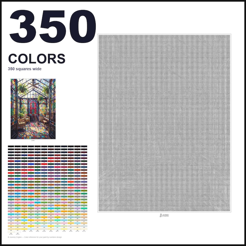 May include: A paint-by-numbers pattern featuring a large grid of 350 colors, a small reference image of a sunlit greenhouse with stained glass windows, and a large gray grid area labeled 350 COLORS and 350 squares wide for detailed painting.