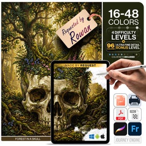 May include: A digital paint-by-number template titled Forest in a Skull featuring a large human skull overgrown with trees, moss, and flowers. The image includes text labels for 16-48 colors, 4 difficulty levels, and a 96-color bonus level option.