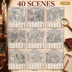 May include: A collection of nine black and white hidden object puzzle sheets titled 40 SCENES, featuring detailed illustrations of church-related settings like The Confessional, Churchyard, Parish Library, Midnight Mass, Coffee Hour, Pipe Organ Repair, Sunday Arrival, Sunday School, and Church Attic, each with a list of 18 items to find.