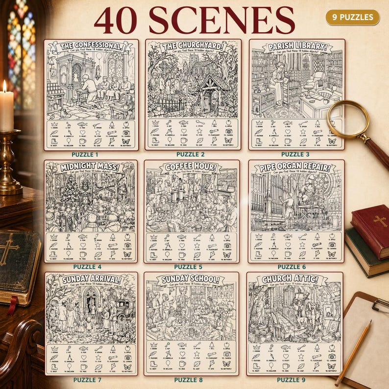 May include: A collection of nine black and white hidden object puzzle sheets titled 40 SCENES, featuring detailed illustrations of church-related settings like The Confessional, Churchyard, Parish Library, Midnight Mass, Coffee Hour, Pipe Organ Repair, Sunday Arrival, Sunday School, and Church Attic, each with a list of 18 items to find.