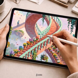 May include: A tablet displaying a pixel art illustration of a spiral staircase with green railings, surrounded by colorful flowers and hanging plants. The screen shows a detailed digital artwork with a soft color palette and a small logo at the bottom.