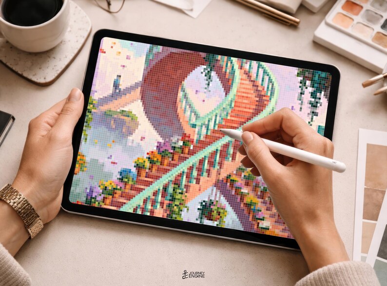 May include: A tablet displaying a pixel art illustration of a spiral staircase with green railings, surrounded by colorful flowers and hanging plants. The screen shows a detailed digital artwork with a soft color palette and a small logo at the bottom.