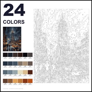 May include: A paint-by-numbers kit featuring a city street scene with a skyscraper and a yellow taxi. The layout includes a numbered outline template, a small reference image, and a colour palette with 24 distinct shades labelled 0 through 23.