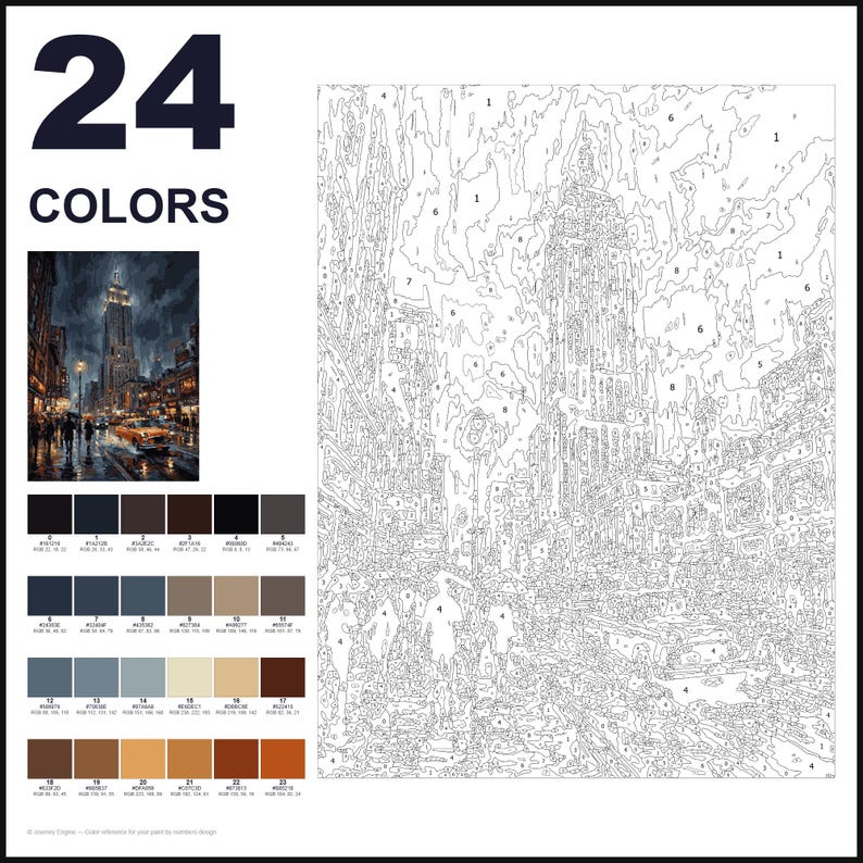 May include: A paint-by-numbers kit featuring a city street scene with a skyscraper and a yellow taxi. The layout includes a numbered outline template, a small reference image, and a colour palette with 24 distinct shades labelled 0 through 23.