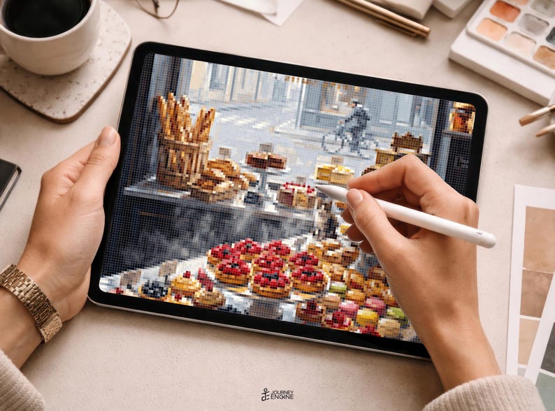 May include: A digital tablet displaying a pixel art illustration of a bakery scene. The screen shows a variety of pastries, including red-topped tarts and golden baguettes in a basket, with a street view featuring a cyclist in the background.