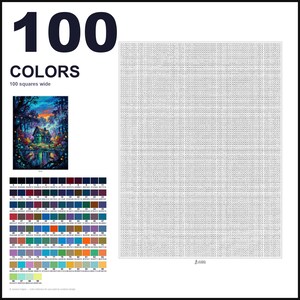 May include: A paint-by-numbers kit featuring a 100-color palette, a reference image of a cottage in a forest at sunset, and a large grid with numbered squares. The text 100 COLORS and 100 squares wide is printed in black on a white background.