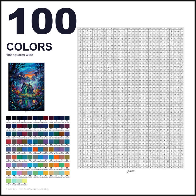 May include: A paint-by-numbers kit featuring a 100-color palette, a reference image of a cottage in a forest at sunset, and a large grid with numbered squares. The text 100 COLORS and 100 squares wide is printed in black on a white background.