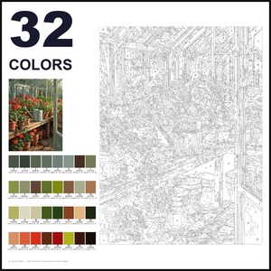 May include: A paint-by-numbers kit featuring a greenhouse scene with potted plants and a watering can. The layout includes a large numbered outline, a small color reference image, and a grid of 32 distinct color swatches with numerical labels.