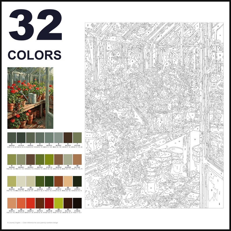 May include: A paint-by-numbers kit featuring a greenhouse scene with potted plants and a watering can. The layout includes a large numbered outline, a small color reference image, and a grid of 32 distinct color swatches with numerical labels.
