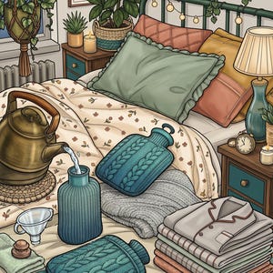 May include: A brass kettle pouring water into a blue ribbed glass bottle, two blue cable-knit hot water bottles, a clear funnel, a folded green towel, and a stack of folded pajamas on a floral bedspread with pillows and a lamp in a bedroom.